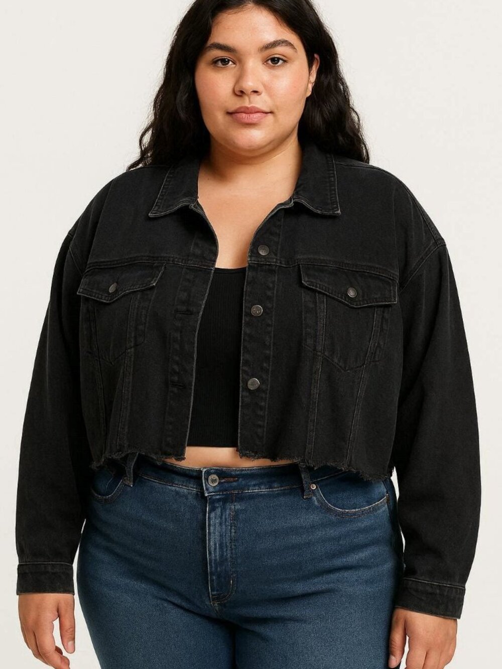 Black Distressed Cropped Jean Jacket by SHEIN size 4X